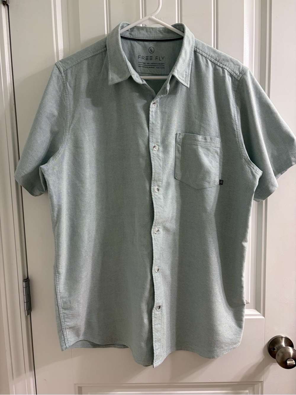 Free Fly Bamboo Shirt L Light Sage Green Short Sleeve Button Up Summer Stretch
